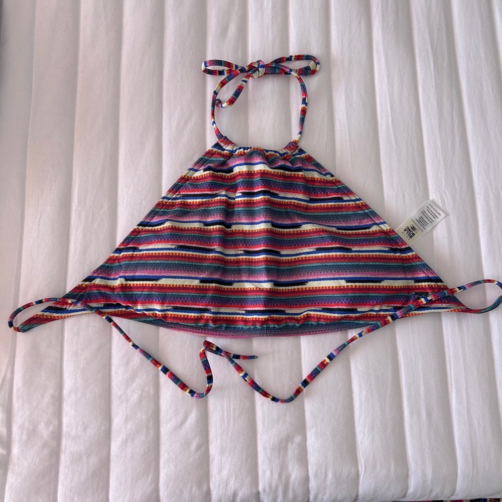 Billabong Striped Halter Bikini Top‎ Teal Pink Blue Yellow Tie Neck M